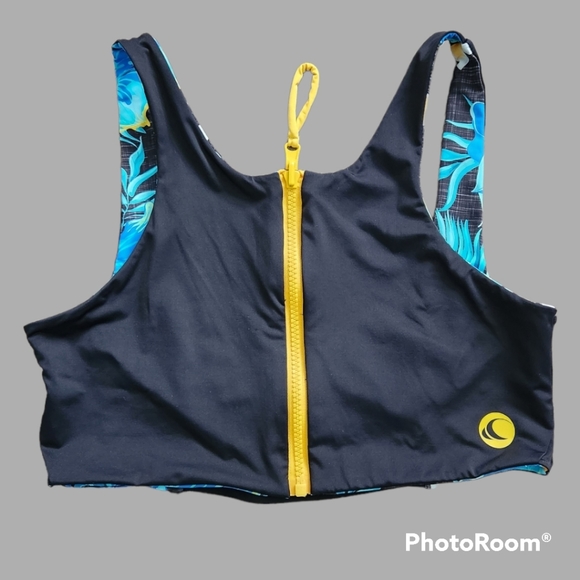 NWOT Wave Life Blossom Blue/Black Reversible Zip Front Bikini Top - Picture 6 of 11